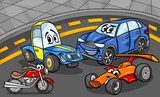 Bunte Rennfahrzeuge im Cartoon-Stil
