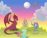 Drache und Ritter im Sonnenuntergang
