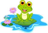 Fröhlicher Frosch im Teich mit Libelle