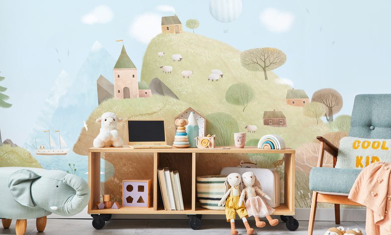 pastellhugel und schafchen in einer marchenwelt fototapete fur kinderzimmer fototapeten demural