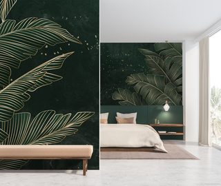 goldene blatter auf smaragdgrunem tropenhintergrund fototapete fur schlafzimmer fototapeten demural