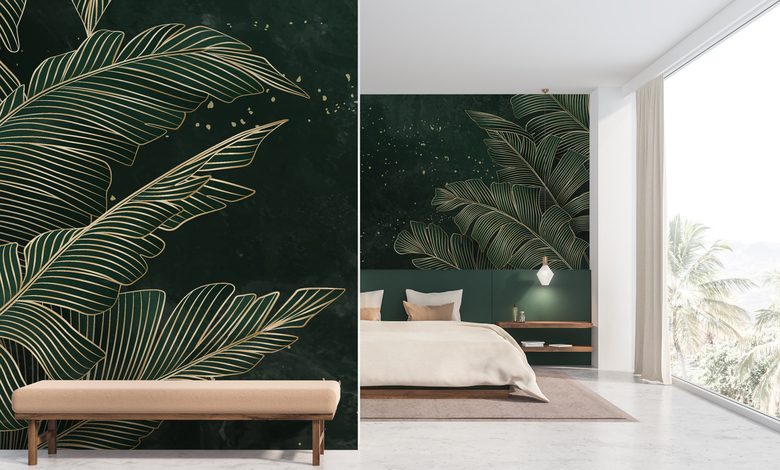 goldene blatter auf smaragdgrunem tropenhintergrund fototapete fur schlafzimmer fototapeten demural