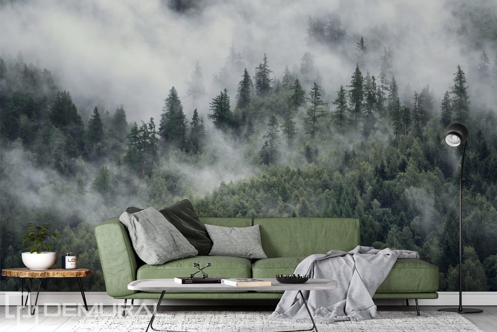 Morgendlicher Nebel über der Waldlandschaft Fototapeten Landschaften Fototapeten Demural