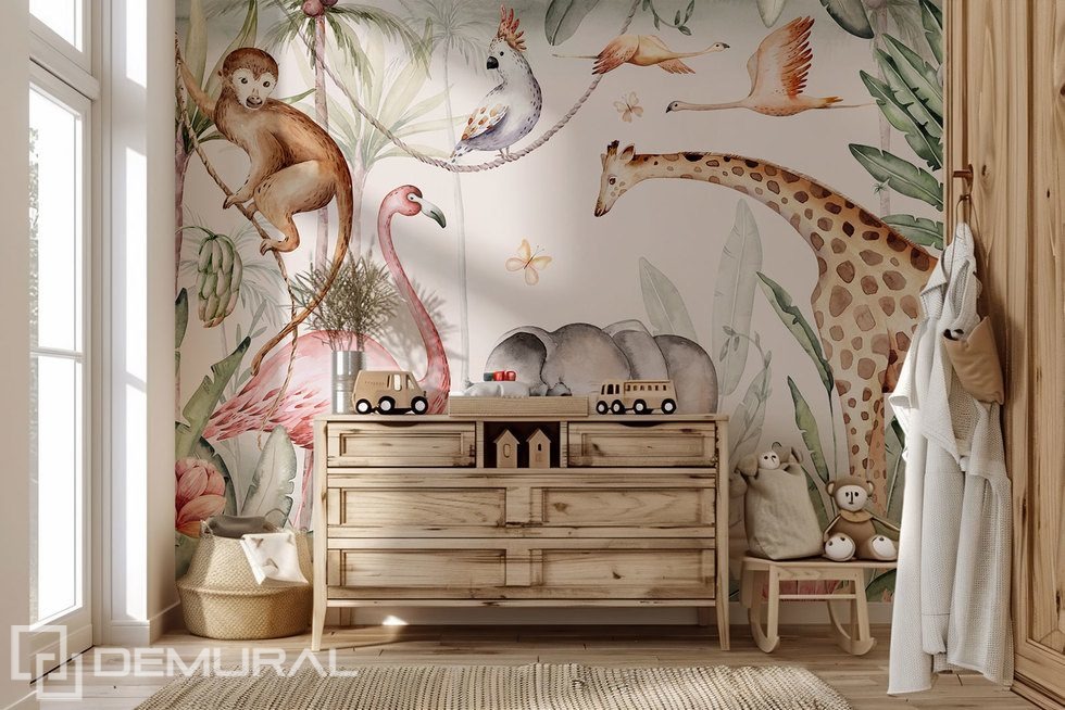 Exotisches Dschungelabenteuer mit tierischen Freunden Fototapete für Kinderzimmer Fototapeten Demural