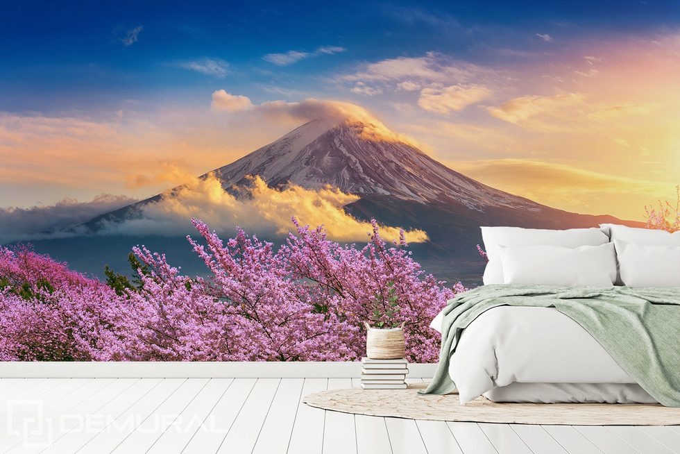 Vulkanische Harmonie mit blühender Kirschblüte Fototapeten Landschaften Fototapeten Demural