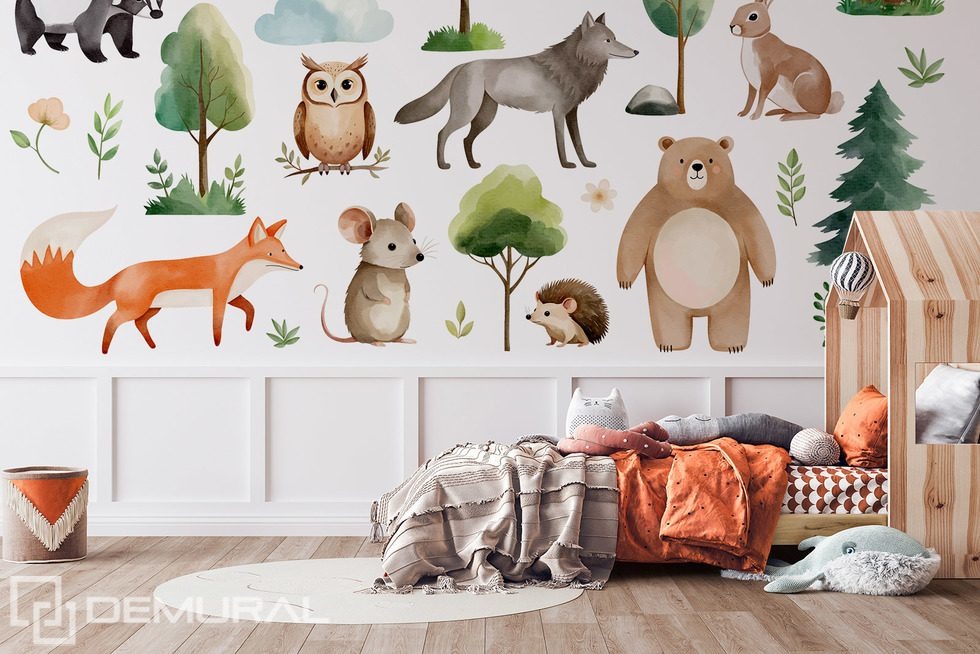 Waldabenteuer mit niedlichen Tieren Fototapete für Kinderzimmer Fototapeten Demural