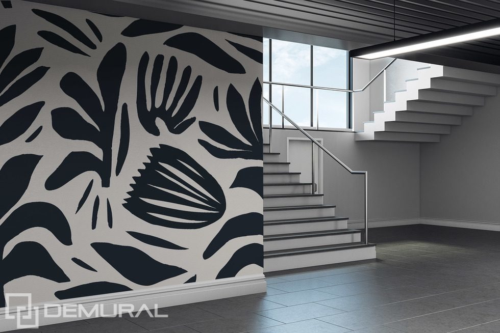 Kontrastreiches Pflanzenmuster in Schwarz-Weiß Fototapeten Blumen Fototapeten Demural