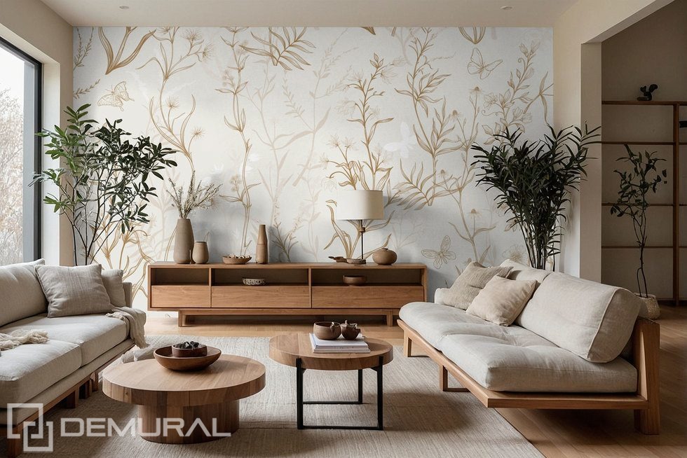 Goldene Wiesenpflanzen auf hellem Hintergrund Fototapete fürs Wohnzimmer Fototapeten Demural