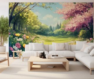 fruhlingsgarten voller blutenlicht fototapete furs wohnzimmer fototapeten demural