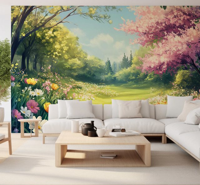 fruhlingsgarten voller blutenlicht fototapete furs wohnzimmer fototapeten demural