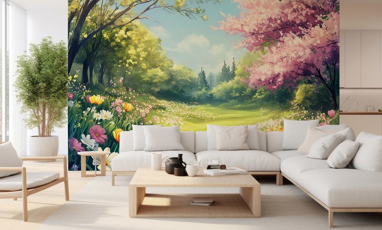 fruhlingsgarten voller blutenlicht fototapete furs wohnzimmer fototapeten demural