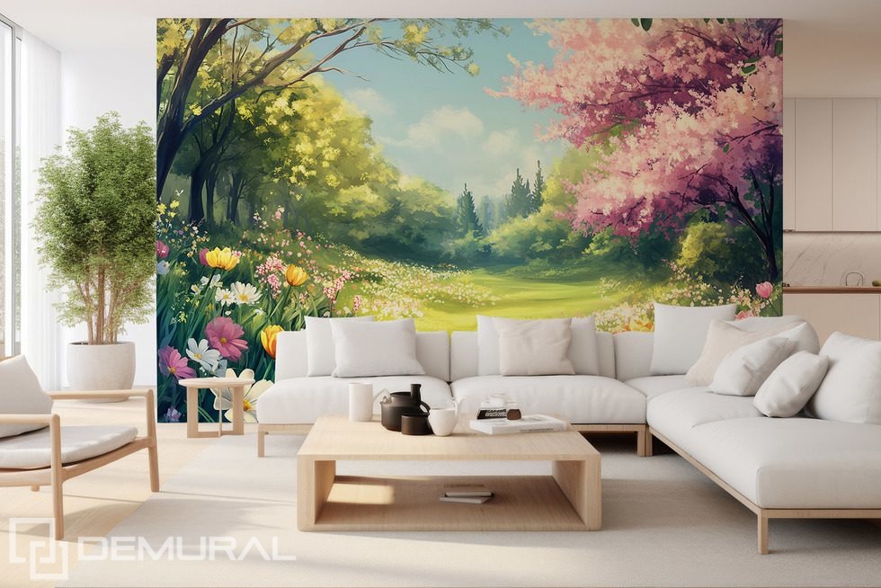 Frühlingsgarten voller Blütenlicht Fototapete fürs Wohnzimmer Fototapeten Demural