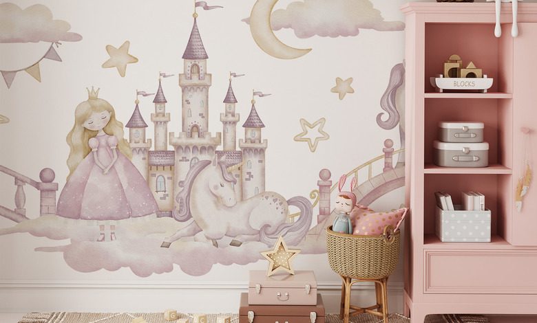 marchenschloss mit prinzessin und einhorn fototapete fur kinderzimmer fototapeten demural