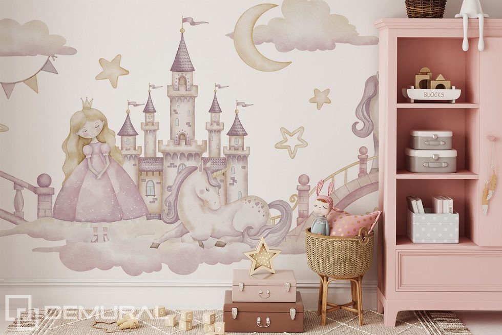 Märchenschloss mit Prinzessin und Einhorn Fototapete für Kinderzimmer Fototapeten Demural