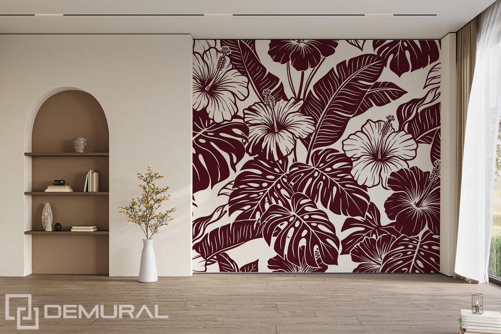 Bordeauxfarbene Hibiskusblüten in tropischer Komposition Fototapeten Blumen Fototapeten Demural