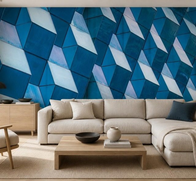 kontrastreiche geometrie raumlicher paneele in intensiven blautonen fototapeten architektur fototapeten demural
