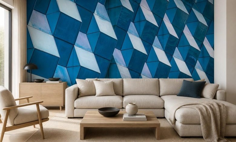 kontrastreiche geometrie raumlicher paneele in intensiven blautonen fototapeten architektur fototapeten demural