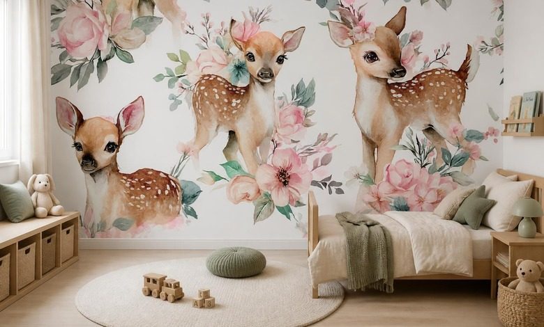 pastellharmonie von hirschen und blumen fototapete fur kinderzimmer fototapeten demural