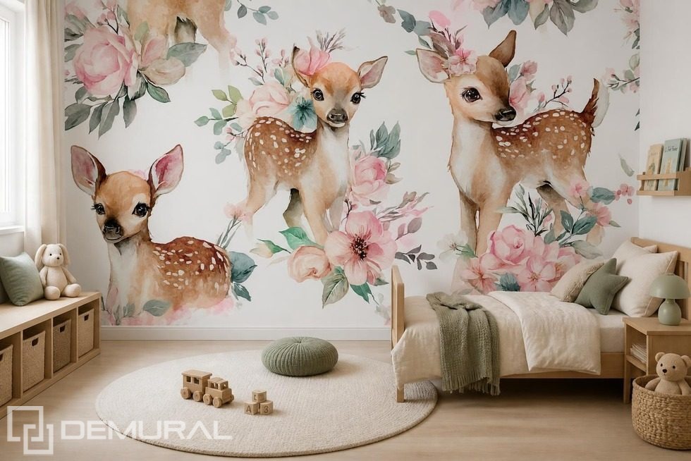 Pastellharmonie von Hirschen und Blumen Fototapete für Kinderzimmer Fototapeten Demural