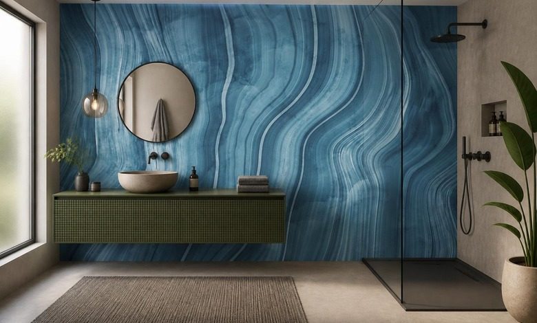 rhythmische wellen aus blauem stein fototapeten fur badezimmer fototapeten demural