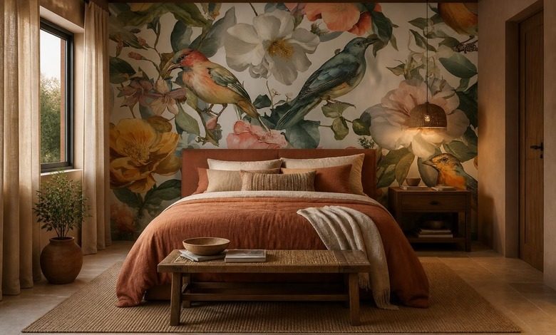 raumliche komposition aus vogeln und blumen fototapete fur schlafzimmer fototapeten demural