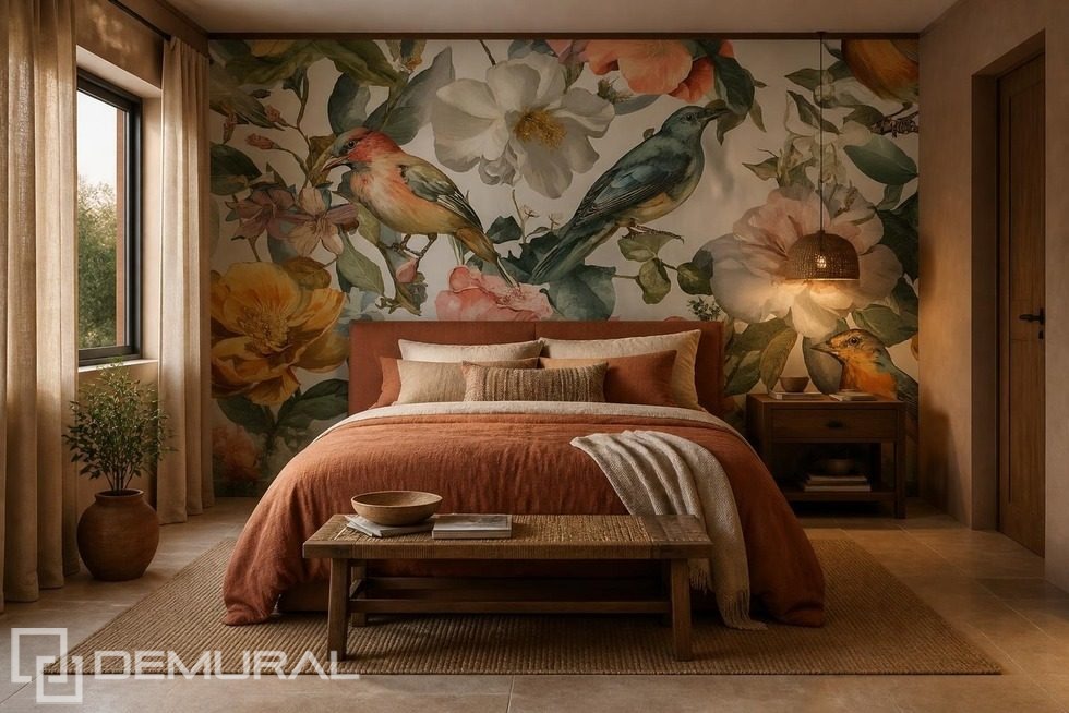 Räumliche Komposition aus Vögeln und Blumen Fototapete für Schlafzimmer Fototapeten Demural