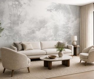 gedampfte grautone in zarter waldpanorama fototapete furs wohnzimmer fototapeten demural