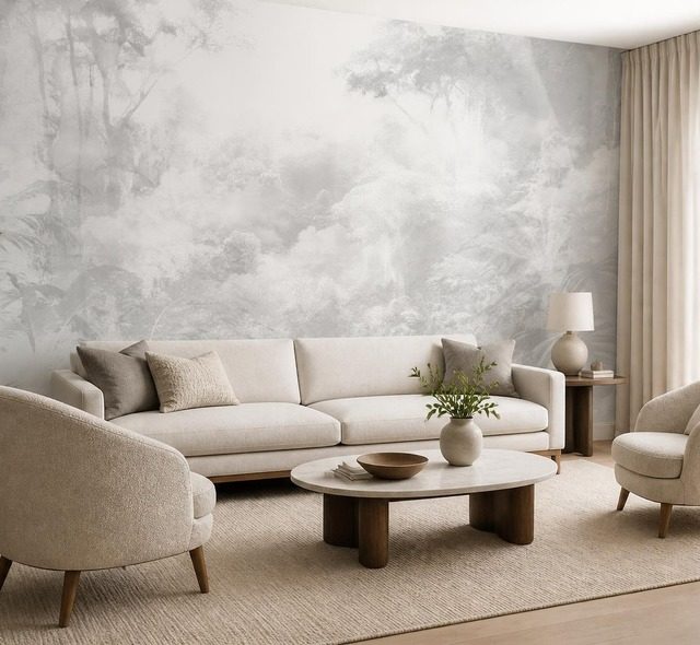 gedampfte grautone in zarter waldpanorama fototapete furs wohnzimmer fototapeten demural