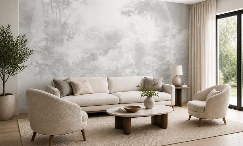gedampfte grautone in zarter waldpanorama fototapete furs wohnzimmer fototapeten demural