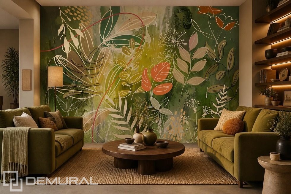Ausdrucksstarker Kontrast von Grün und Orange Fototapete fürs Wohnzimmer Fototapeten Demural