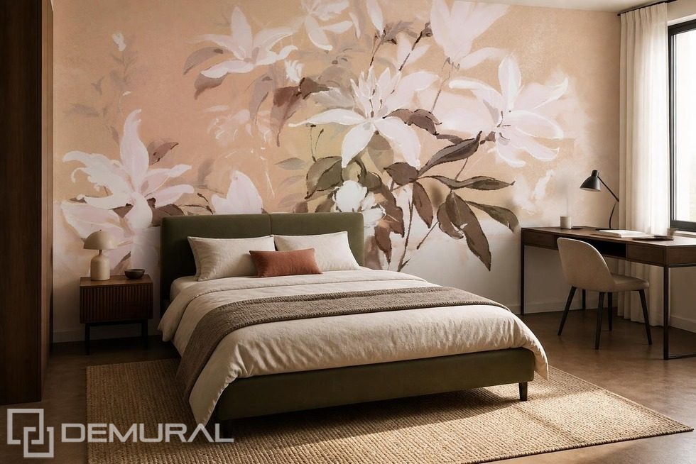 Zarte Lichtspiele auf floralem Motiv Fototapete für Schlafzimmer Fototapeten Demural