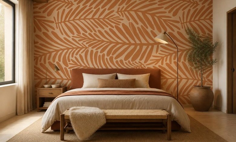 warmer rhythmus des pflanzlichen motivs an der wand fototapete fur schlafzimmer fototapeten demural