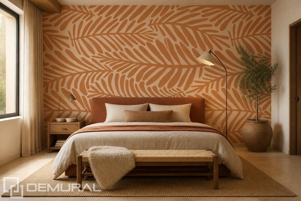 Warmer Rhythmus des pflanzlichen Motivs an der Wand Fototapete für Schlafzimmer Fototapeten Demural