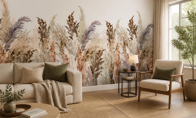 elegante dekoration mit pampasgras fototapete furs wohnzimmer fototapeten demural