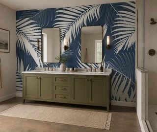 dunkelblauer hintergrund mit weissem palmenblatt motiv fototapeten fur badezimmer fototapeten demural
