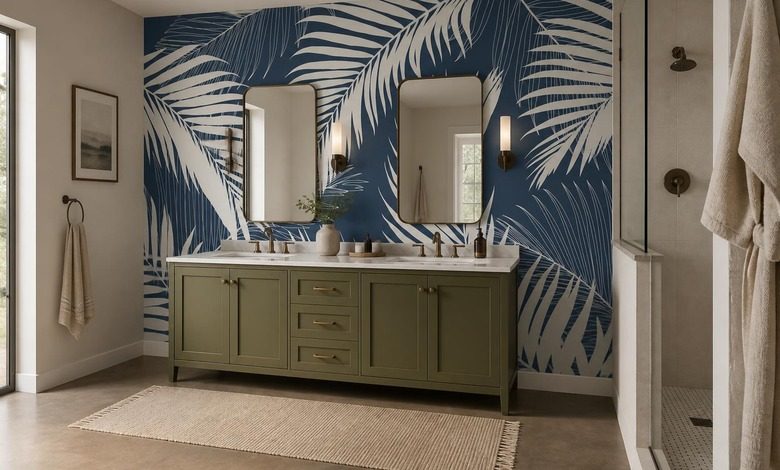 dunkelblauer hintergrund mit weissem palmenblatt motiv fototapeten fur badezimmer fototapeten demural