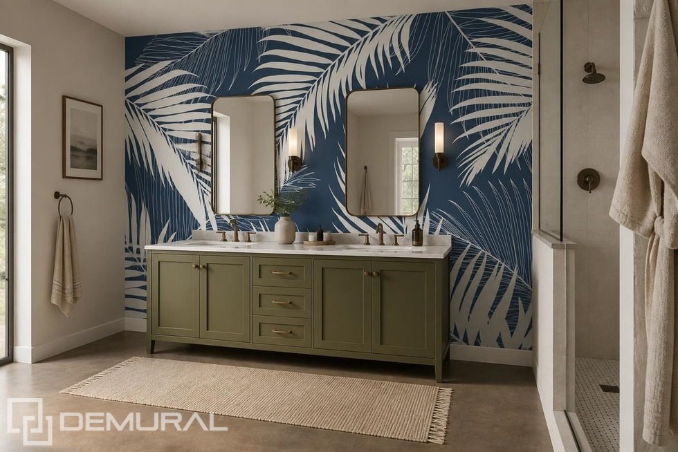 Dunkelblauer Hintergrund mit weißem Palmenblatt-Motiv Fototapeten für Badezimmer Fototapeten Demural