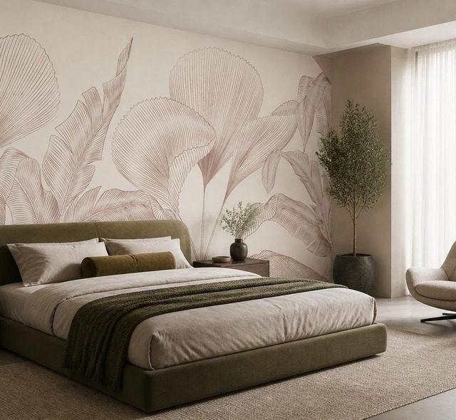 minimalistisches blattmotiv in gedampfter farbpalette fototapete fur schlafzimmer fototapeten demural