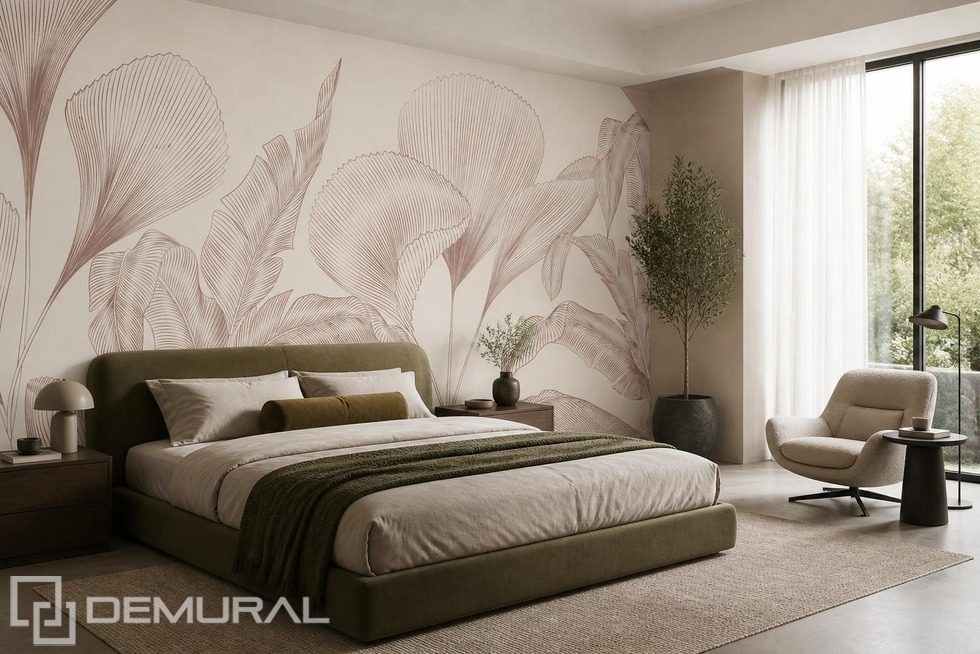 Minimalistisches Blattmotiv in gedämpfter Farbpalette Fototapete für Schlafzimmer Fototapeten Demural