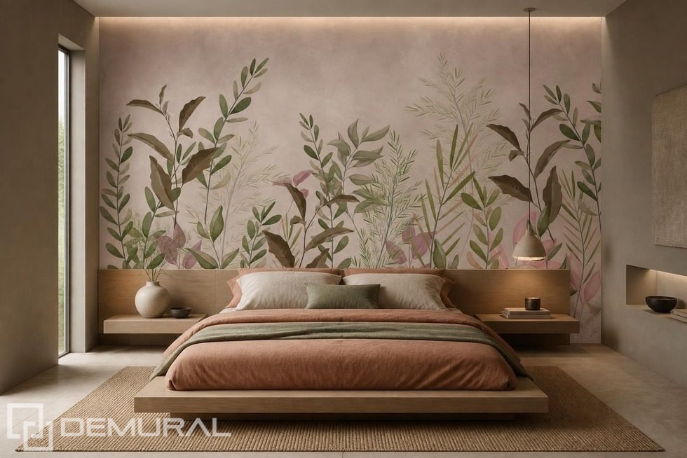 Kontrast zwischen warmen Blättern und kühlem Hintergrund Fototapete für Schlafzimmer Fototapeten Demural