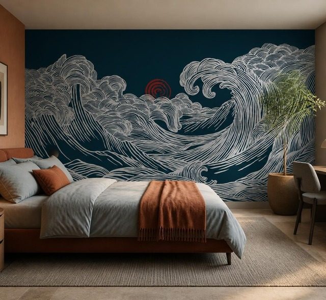 untergehendes licht auf wellenformigem motiv fototapete fur schlafzimmer fototapeten demural
