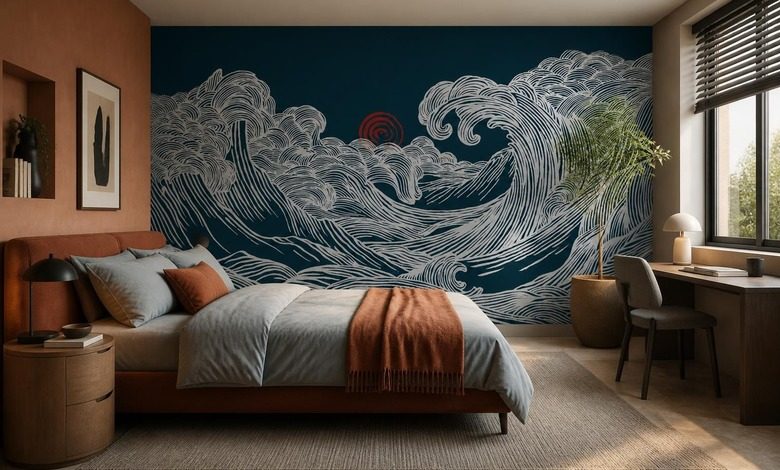 untergehendes licht auf wellenformigem motiv fototapete fur schlafzimmer fototapeten demural