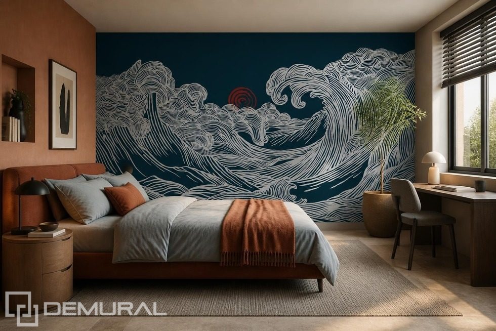 Untergehendes Licht auf wellenförmigem Motiv Fototapete für Schlafzimmer Fototapeten Demural