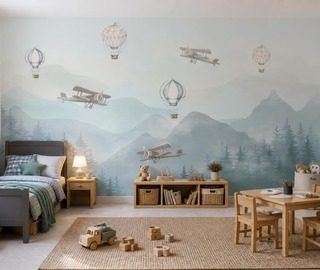 kontrast zarter ballonsilhouetten und berglandschaft fototapete fur kinderzimmer fototapeten demural