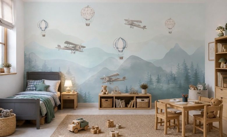 kontrast zarter ballonsilhouetten und berglandschaft fototapete fur kinderzimmer fototapeten demural