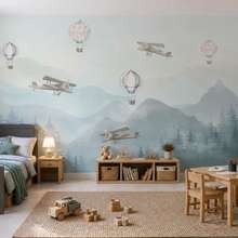 Kontrast-zarter-ballonsilhouetten-und-berglandschaft-fototapete-fur-kinderzimmer-fototapeten-demural