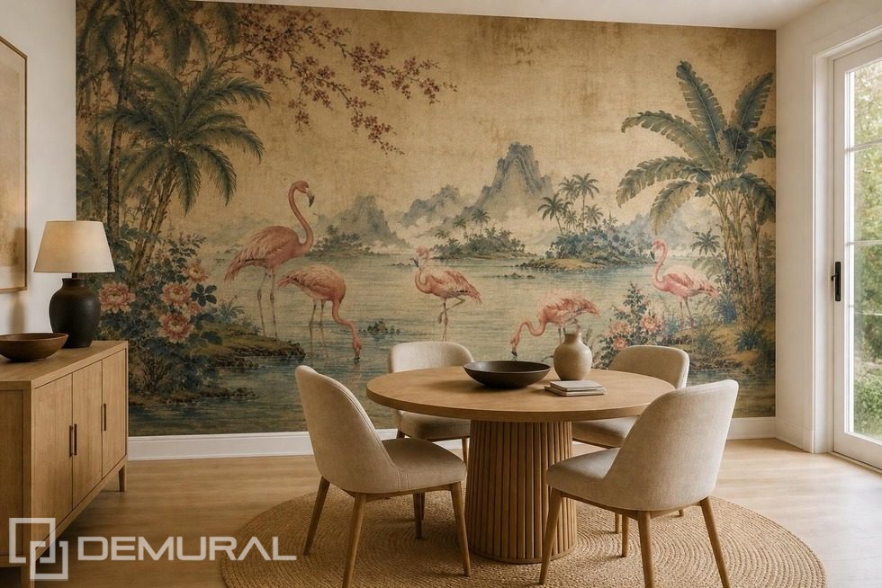 Rhythmische Anordnung des Flamingo-Motivs Fototapeten orientalische Fototapeten Demural