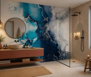 kontrast intensiver blautone und terrakotta fototapeten fur badezimmer fototapeten demural
