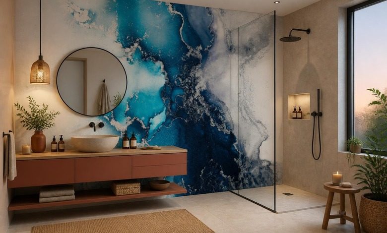 kontrast intensiver blautone und terrakotta fototapeten fur badezimmer fototapeten demural