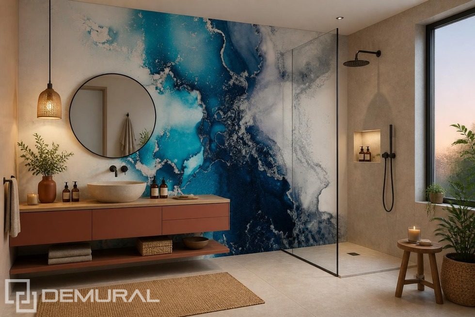 Kontrast intensiver Blautöne und Terrakotta Fototapeten für Badezimmer Fototapeten Demural